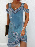 Toloer 2024 The Summer Women's New Positioning Print V-Neck Short-Sleeved Casual Skirt-Outfit