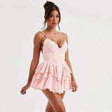 Open Back Strap Ruffled Layered Mini Dress-Outfit