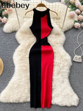Summer Knitting Dress Women Patwork Casual Body-con Dress Pullovers Simple Step Maxi Long