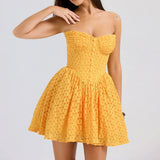 Yellow Strap Jacquard Lace Mini Dress-Outfit