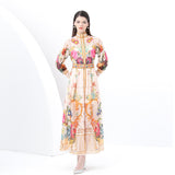 Elegant Court Style Positioning Print High-Necked Lantern Sleeves To Close Waist Dress Women's Spring Holiday