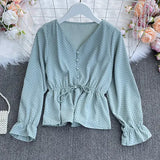 New Spring Fashion All-match V-neck flared sleeve Shirt lace up waist slim dot Long Sleeve Shirt