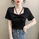 Women's Summer Pullover Halter Square Collar Screw Thread Solid Color Bow Short Sleeve T-shirt Korean Fashion Office Lady Tops 1028-0-Outfit