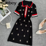Summer Autumn Sweater Dress Women Knited Short Sleeve Fashion Designer Runway Embroidery Bee Mini