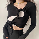 Korean Sexy Slim T-shirt Long Sleeve Hollow Out Chic Design Crop Top Lace-up Women Irregular Tee Shirt Japanese