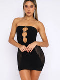 Women's Summer Strapless Diamond Off Shoulder Mesh Patchwork Hollow Out Skinny Bandeau Backless Short Mini Dress-Outfit