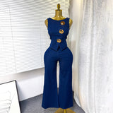 Temperament Design Sense Metal Buckle Round-Neck Sleeveless Vest + High-Waist Broad-Legged Trousers Denim Set Of
