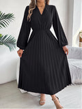 Shooting 2025 Autumn And Winter Elegant Triple V-Neck Long Sleeves To Close The Waist 100-Folded Long Skirt Women's