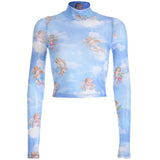 Toloer Women's Cheruel Print Gauze Short Long Sleeve T-Shirt Top Four-Leaf Clover Print