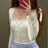 Lace Trim Stitching Square Neck Long Sleeve Tee-Outfit