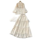 Temperament Set Female Court Vintage Lace Spliced Lantern Sleeve Single-Button Shirt High-Waisted