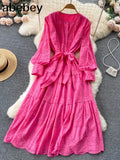 2022 Summer New Lace Embroidery Dress Women Long Sleeve Dresses Female Vintage Party Beach Maxi Long