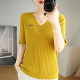 Toloer 2024 New Short Knit Women's Fashion Slim Short-Sleeve T-Shirt Thin Medium Sleeve Top-Outfit
