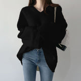 V-Neck Solid Color Loose Sweater-Outfit