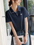 Toloer With Short-Sleeved T-Shirt Women 2025 Summer New Love Embroidery Collar Casual Slim Polo