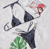 Toloer Style Bikini Sexy Crystal Diamond Split Swimsuit Female Solid Color Strap 2023