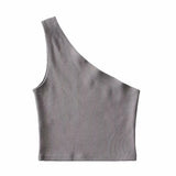 Toloer Autumn / Winter Ebay Sleeveless Diagonal Shoulder Vest Female Ins Fashion Wear A Slim Open Shoulder Short Crop Top-Outfit