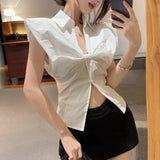Sleeveless Shirts Women French Style Chic Elegant Turn Down Collar Split Summer Fashion Blouse Sexy Ladies Crop Tops-Outfit