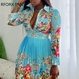 Women Chic Casual Long Sleeves All over Print Pleated Midi Sexy Dress-Outfit