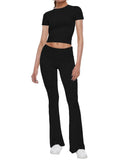 Short Sleeve Cropped Top Fold-over Flare Pants Set-Outfit
