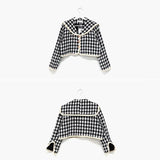 Women's Houndstooth Two-Piece Set Female Korean Sailor Collar Single-Breasted Short Coat and High Waist Bag Hip Mini Skirt