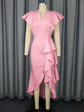 V-Neck Loaf-Side Dress High-Waisted Open-Fork Irregular Hem Dinner Dress Dress
