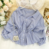 Vintage Shirt Women's V Neck Long Sleeve Striped Short Tops Casual Blouses Korean Fashion Clothing