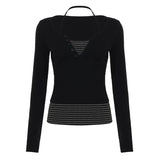Sweet Style Simple Knitted Shirt Two Sets Of Striped Hanging Neck Hanging Sling + Half-Open Collar Long-Sleeved T-Shirt