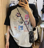 Cartoon Print Raglan Short Sleeve Tee-Outfit