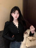 Fashion Shirts Women Puff Loong Sleeve V Neck Autumn Winter Slim Lace Patchwork Crop Tops Female Sexy Elegant Blouse-Outfit