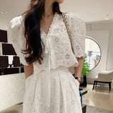 Toloer Chic Niche Temperament V Neck Hollow Lace Embroidered Jacket Women High Waist Pressure Pleated Skirt Two Sets Of Women-Outfit