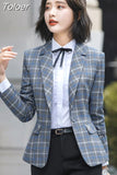 Classic Plaid Single Button Women Jacket Blazer Casual Notched Collar Slim Female Suits Coat Fashion Blazer