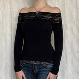Toloer Hot Girl One Word Shoulder Lace Splicing Long Sleeve T Shirt Female New Slim Solid Color Bottom Top-Outfit