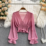Autumn Fashion Korean Women Blouse Long Sleeve V Neck Elastic Ruched Slim Tops Elegant Streetwear Short
