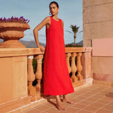 Spring And Summer New Casual Fashion Sleeveless Rounded Collar Solid Color Splicing Lace Fork In The Long Dress