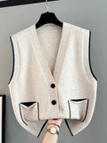 Clip Women's 2024 Spring And Autumn New Korean Version Of V-Collar Single-Breasted Loose Sleeveless Sweater Vest Feminine-Outfit