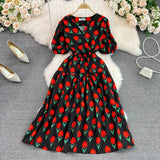 Summer Korean Version Of Gentle Temperament V-Collar Bubble Sleeves Waist A Large Pendulum Broken Flower Dress Elegant Dress-Outfit
