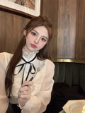 Elegant Shirts Women French Style Bow Stand Collar Long Sleeve Ruffles Spring Summer Office Lady Blouse Fashion Tops-Outfit