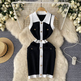 Luxury High Sense Sleeveless Knitted Dress Female Polo Collar Single Buckle Design Niche Sister Temperament