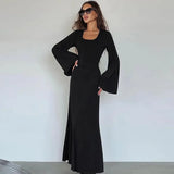 Toloer Women's New Autumn New Fashion Loose U-Neck Back With Long-Sleeved Dress-Outfit