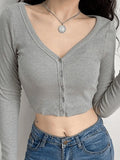 Ribbed Long Sleeve Button Crop Top-Outfit