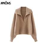 Aproms Elegant V-neck Batwing Sleeve Knitted Oversized Sweater Women 2021 Winter Long Sleeve Warm Cropped Pullover Female