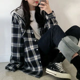 Basic Jackets Women Long Sleeve Plaid Hooded Lace-up Patchwork Womens Outwear Preppy-style Students Ulzzang Casual BF