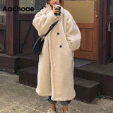 Aachoae Winter 2021 Women Solid Lamb Fur Coat Long Sleeve Casual Fleece Jacket Turn Down Collar Long Teddy Coat