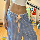 Vacation Lazy Wind Color Striped Dopamine Casual Pants Lace Lace Stitching Waist Straight Trousers-Outfit