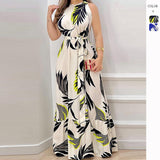 Summer New Hanging Neck Tie Print Lotus Leaf Dress