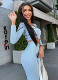 Spring Pure Color Long-Sleeved Fashion Sexy Split Long Skirt Two-piece