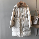 Faux rabbit fur collar women's winter down jacket long drawstring slim zipper ladies chic coat loose oversize outwear