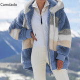 Winter Hooded Jacket Women 5X Plus Size Cotton jacket fashion Plush patchwork zipper pocket loose Long Sleeve Women Top