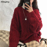 Winter Women Red Pullovers Loose Vintage Twist Jumpers Long Sleeve Knit Outwear Tops Korean Preppy Style O-neck Sweaters 1028-1-Outfit